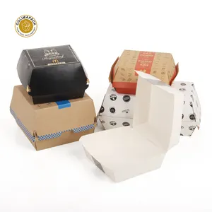 Caja de papel corrugado personalizado para hamburguesas, cartón desechable de comida rápida, GSM, 1-6 colores, embalaje de alimentos, caja de hamburguesas