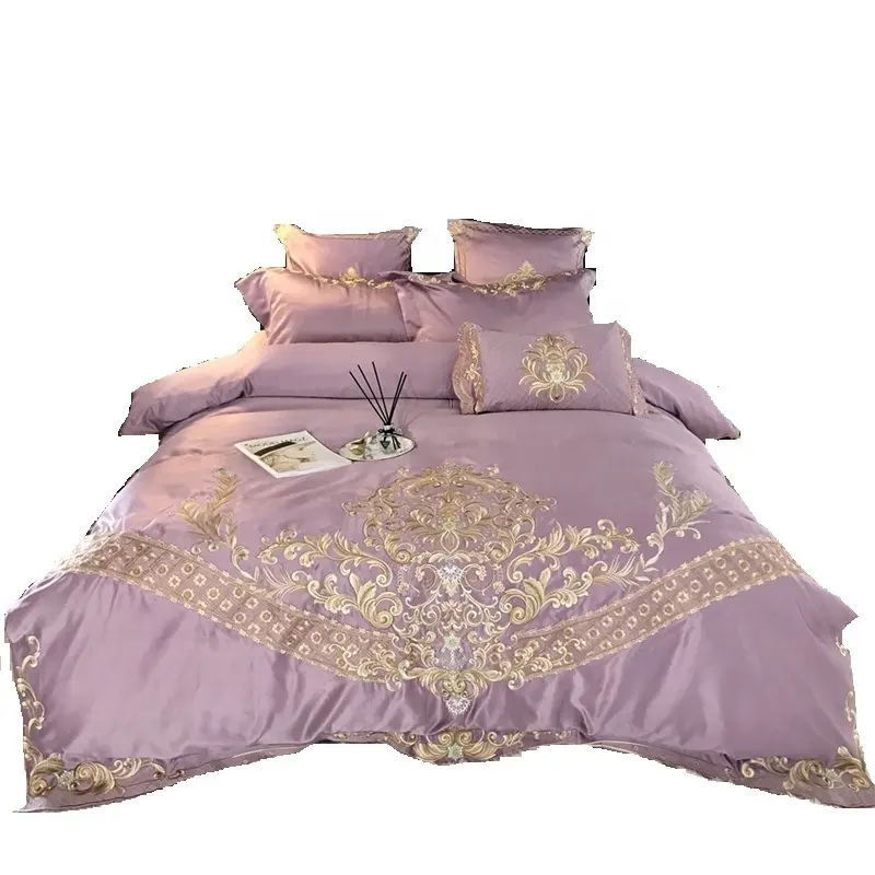Private label elegant 100% cotton luxury purple embroidery bedding set