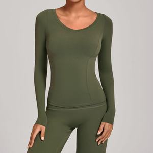Haut de <span class=keywords><strong>yoga</strong></span> à manches longues et col en V pour femmes T-<span class=keywords><strong>shirt</strong></span> athlétique hauts d'entraînement chemise de gymnastique active vêtements de sport coupe ajustée - Product Image 2
