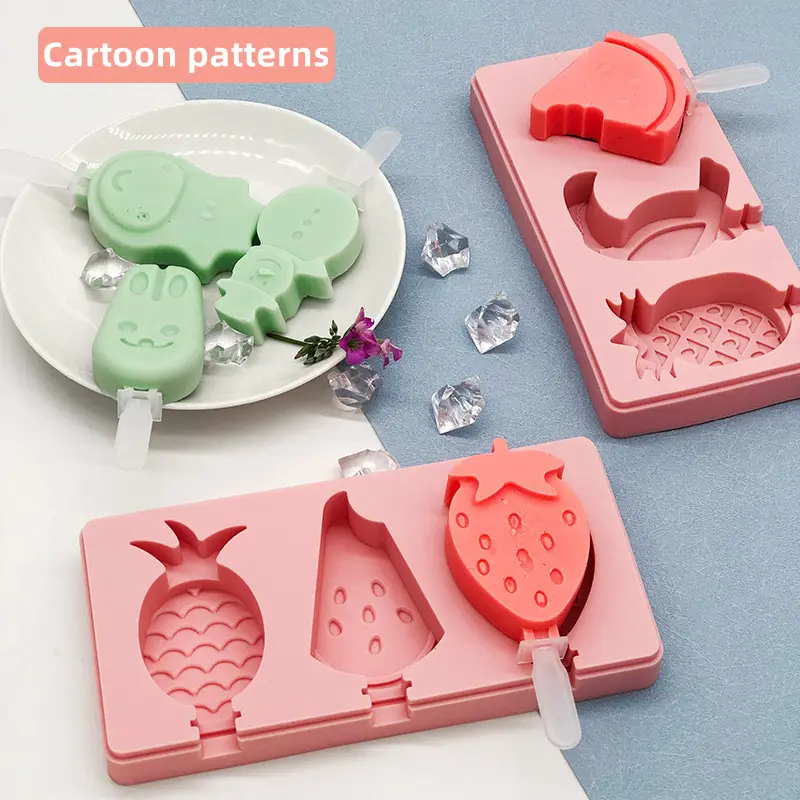 Stampo per gelato in Silicone con stampa di cartoni animati per uso alimentare di vendita caldo Pops 3 pezzi fatti in casa senza macchie con coperchio