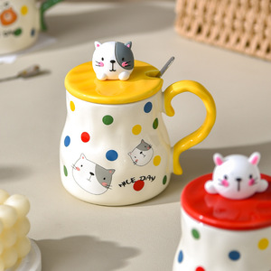 Large Capacity Water Cup Cartoon Animal Ceramic Mug Novelty Polka Dots Coffee Mugs with Lid Spoon - Product Image 3