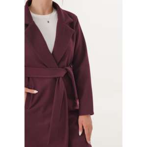 Abrigo de lana para mujer color borgoña, manga larga con cinturón, abrigo cálido para invierno - Product Image 3