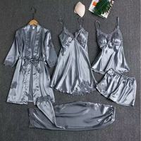 Conjunto de Pijama y Bata de Seda Helada Tejida de Varias Piezas para Mujer, Tallas Grandes, con Almohadillas en el Pecho, para Verano/Otoño/Primavera
