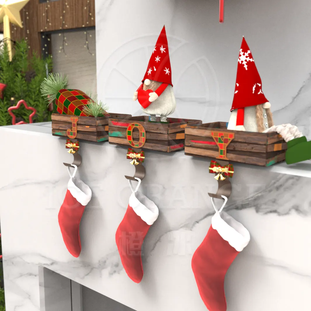 2024 gancho navideño para el lugar del fuego con juego de enanos de 3 soportes de medias rústicas de granja para decoración de manto y estantes de chimenea