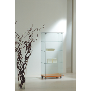 Vitrina Moderna de Vidrio 60x40x140cm con Puerta Abatible con Cerradura, 3 Estantes con Ruedas, Base de Madera de Cerezo, Mueble para Sala de Estar - Product Image 1