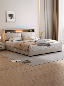 Juego de cama doble de cuero genuino tamaño King de estilo moderno y elegante, muebles de dormitorio tapizados de gama alta, cómodos de acero - Product Image 3