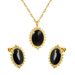 Oval Cat's Eye Stone Jewelry <b>Set</b> Women's Gold Plated <b>Beaded</b> Trim Necklace Earrings Everyday Wear Fine Jewelry - Product Image 3