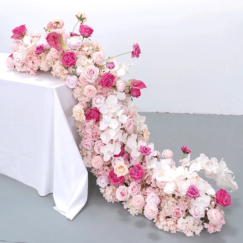 Wedding event floral arrangement long table flower simulation rose silk flower stage road guide flower runner for wedding