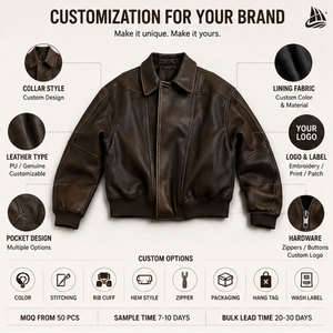 Full Zip up Turn Down Neck Vintage Casual <strong>Long</strong> Sleeve Oversized Baggy Brown <strong>Leather</strong> <strong>Jacket</strong> Boxy Bomber Pu <strong>Leather</strong> <strong>Jacket</strong> - Product Image 2