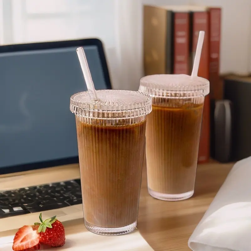 Ribbed Glass Tea Cups Wholesale Coffee Cup Tumblers Custom Travel Coffee Mug With Glass Lid And Straw