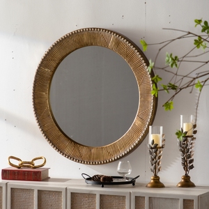 Gold Textured Round Wall <b>Mirror</b> 31.3 Inch Iron Frame MDF Back Boho Accent <b>Mirror</b> For Living Room Bedroom - Product Image 3