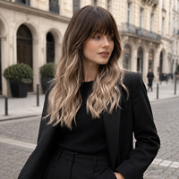 Perruque synthétique longue châtain foncé blond cendré, ondulée effet mouillé, avec frange fine, résistante à la chaleur, ligne de cheveux naturelle, sans colle, ajustable