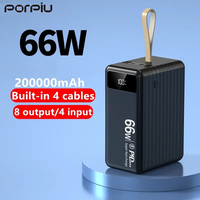 Batterie externe super grande capacité 200000 mAh avec prise Type-C, charge rapide 66W, câble intégré à quatre fils, LED extérieure, Micro USB