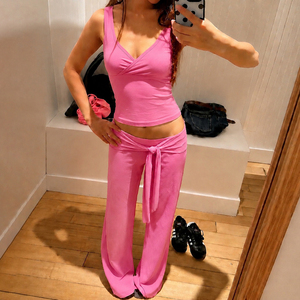 Women's Solid Color V Neck Crop Top Tie Front Wide Leg Pants Two Piece <b>Set</b> Casual Yoga Jogger for Activewear Breathable - Product Image 3
