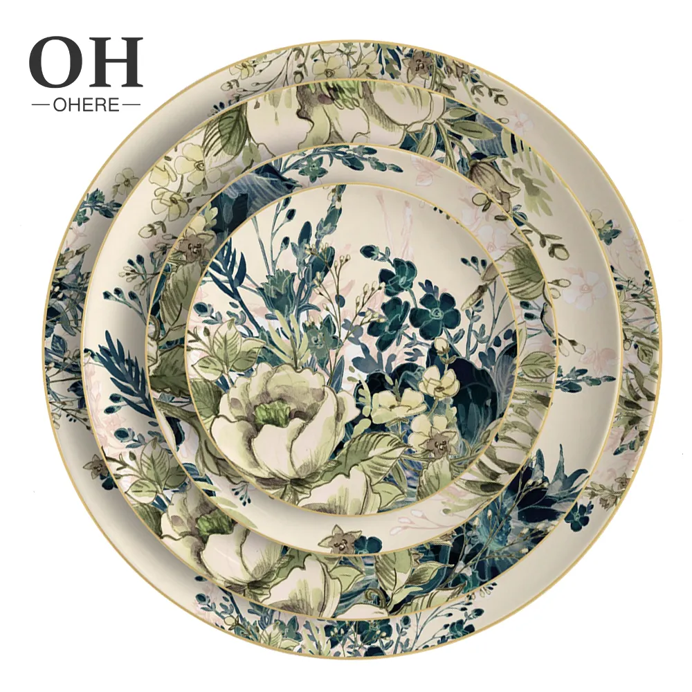 Wholesale Spring Green blossom bone china wedding charger plate ceramic dinnerware set restaurant and hotel decoration table set