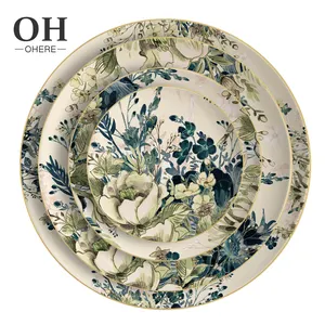 Wholesale Spring Green Blossom Bone China Wedding Charger Plate Ceramic Dinnerware Set Restaurant And Hotel Decoration Table Set