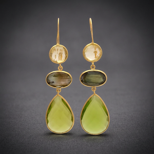 3 Tier Multi Gemstone Drop Wire <b>Earrings</b> Champagne Oval Smoky Quartz Pear Peridot Green Teardrop <b>Wedding</b> Ethnic <b>Silver</b> 18K Gold - Product Image 3