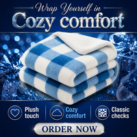 Plaid de luxe réversible en flanelle imprimée et sherpa, double couche, motif pied-de-poule bleu premium, chaud, pour l'hiver, la maison et la décoration de lit, toutes tailles