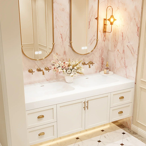 ตู้ห้องน้ำอ่างล้างหน้าคู่ขนาด 60-92 นิ้ว ปรับแต่งได้ ตู้แขวนผนังพร้อมกระจก LED อัจฉริยะ สไตล์ฝรั่งเศสหรูหรา - Product Image 3