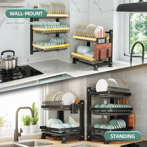 Mostrador de cocina Estante para platos de 3 niveles Estante para platos de drenaje de almacenamiento negro ensamblado sobre el fregadero con bandeja - Product Image 6