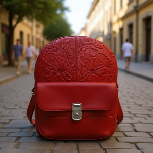 Mochila Fana Karolina de Cuero Rojo de 5L con Diseño Floral Grabado, Bolsa de Viaje para Mujer - Product Image 2