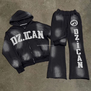 À la mode brodé lourd survêtement survêtement coton français Terryacid lavage fermeture éclair à capuche et jambe large pantalon de survêtement ensemble - Product Image 4