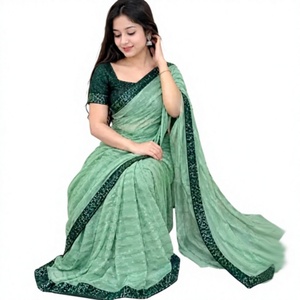 Sari en Georgette Vert Brodé pour Femme K V International, avec Blouse Non Cousue, Séchage Rapide, Style Traditionnel, en Nylon, pour Mariage - Product Image 1