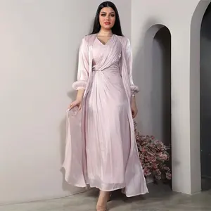 Excellent In Dubai Turkey Middle East Fashion Elegant Bright Silk Dress Muslim Arab Dubai Gown Fashion Abaya Set