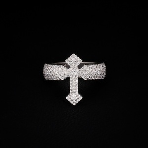 Rhodium Gold Plated Sterling Silver Large Christian Jesus Cross Finger <b>Ring</b> Iced Cubic Zircon Prong Setting Hip Hop Jewelry <b>Men</b> - Product Image 1