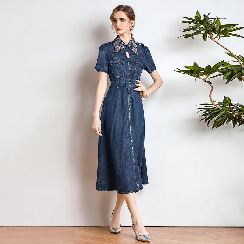 Custom retro style embroidered denim short sleeve dress design sense swing lapel blue jeans dress