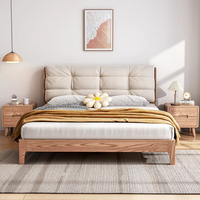 Lit plateforme en bois massif de style japonais moderne, taille Queen, avec tête de lit rembourrée douce en finition blanc crème ciré