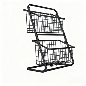 Metal <b>Wire</b> <b>Storage</b> <b>Basket</b> Double Layer Fruit Rack Desktop Organizer Black Durable Standing Type Rectangle Shape - Product Image 1