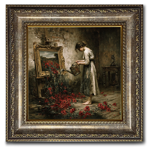Tableau mural sur toile vintage représentant une <span class=keywords><strong>femme</strong></span> arrosant des <span class=keywords><strong>fleurs</strong></span>, cadre doré, échantillons OEM ODM prêts en moins d'une journée - Product Image 1