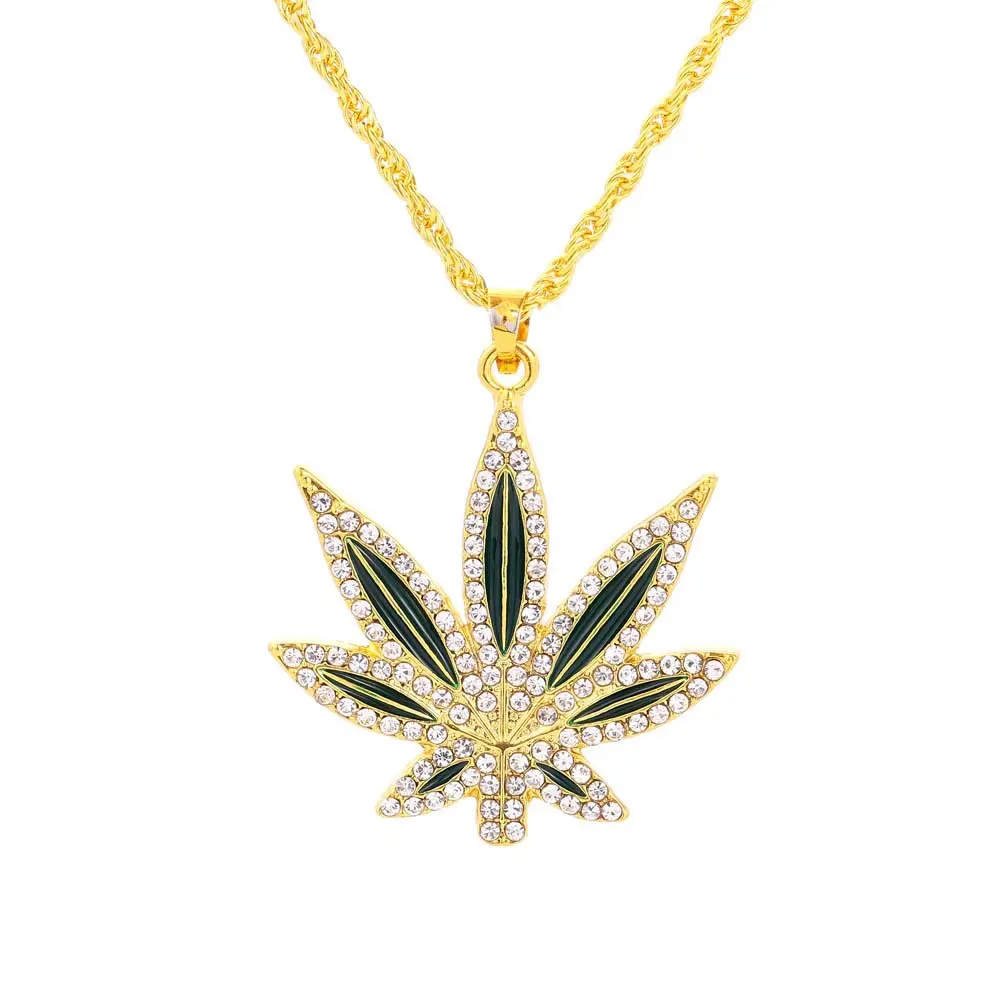 New Hot Sale Diamond Hip Hop Hemp Leaf Necklace Men's HIPHOP Full Rhinestone Pendant Fashion Men's Accessories