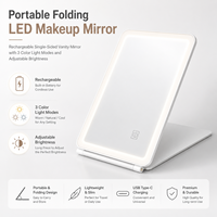 Miroir de Maquillage LED Portable Pliant Rechargeable, Lumière Unilatérale 3 Couleurs, Intensité Réglable par Contrôle Tactile, Luminosité Ajustable, pour Coiffeuse