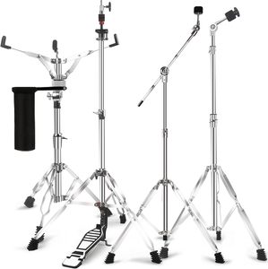 AOOLOO Support de batterie réglable en acier inoxydable pour cymbales droites, hi-hat et caisse claire, avec porte-bâtons de batterie, pour percussion - Product Image 1