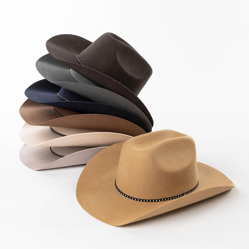 Topi bulu wol trendi modis grosir topi koboi Barat dengan sabuk keling