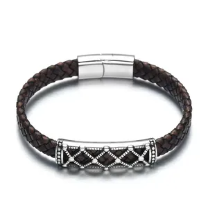 Men Wide Braided Leather Bracelet Persian Cross Handmade Bracelet Women With Stainless Steel Magnetic Buckle For Men
