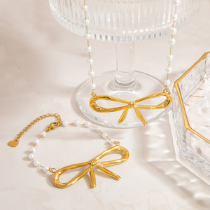 Stainless Steel Pearl <b>Bracelet</b> <b>Set</b> With Gold Tone Bowknot Necklace For Women Everyday Wear Freshwater Pearl Jewelry <b>Set</b> - Product Image 2