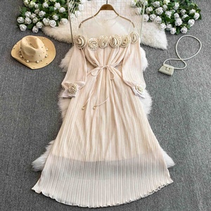 <span class=keywords><strong>Robe</strong></span> à manches longues pour femme, élégance printanière, fleurs en relief, ceintures à nouer, coupe trapèze plissée - Product Image 2