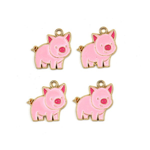Abalorios de aleación de zinc con forma de cerdo rosa para hacer pulseras, 17,5x18 mm, acabado con efecto de goteo de aceite, F0121 - Product Image 2