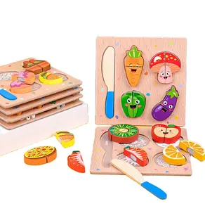 Set di cestini di frutta in legno per bambini di vendita calda set di 14 giocattoli da taglio in miniatura per alimenti