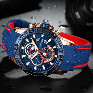 MINI FOCUS 0244G时尚运动手表男士蓝色石英防水手表橡胶表带小日历表盘品牌奢华手表