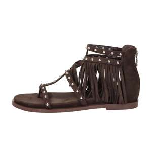 Sandales basses pour femmes GD471 marron à franges plates avec bride en T et bride à la cheville, talon de 2 cm, taille 41 - Product Image 1