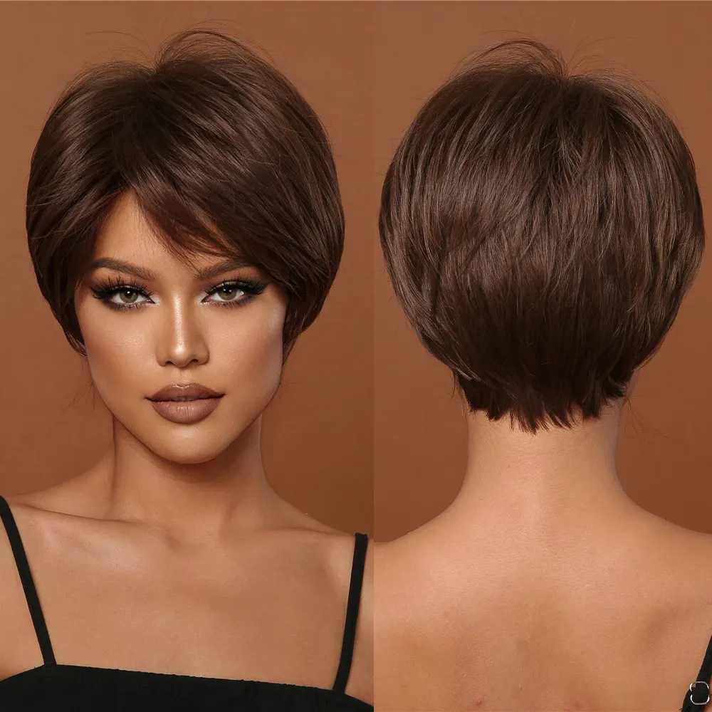 Peruk tedarikçi doğal kahverengi sentetik saç kahküllü peruk kısa peri kesim peruk kadınlar için Afro günlük isıya dayanıklı kadın saç