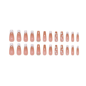 <span class=keywords><strong>Uñas</strong></span> Postizas Francesas <span class=keywords><strong>Largas</strong></span> con Brillo Dorado y Degradado Blanco, Diseño Acrílico, <span class=keywords><strong>Uñas</strong></span> Falsas con Diamantes para Mujer - Product Image 3