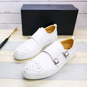 Zapatos Casuales de Hombre, Estilo Coreano, Color Blanco, con Doble Hebilla, de Piel Vacuna, para Uso Diario - Product Image 4