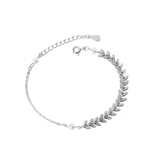 Fashionable 925 Sterling Silver Leaf Synthetic Pearl Charm Women's Bracelet Wedding Party High Jewelry