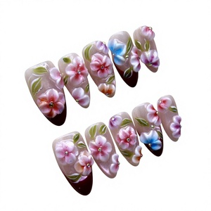 <span class=keywords><strong>Uñas</strong></span> Postizas 3D Talladas a Mano con Diseño <span class=keywords><strong>de</strong></span> <span class=keywords><strong>Flor</strong></span> <span class=keywords><strong>de</strong></span> <span class=keywords><strong>Cerezo</strong></span> y Almendra, con Punta Roja Vino y Pedrería, Venta al Por Mayor OEM - Product Image 5