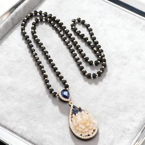 Fashion Pendant <b>Necklace</b> <b>Long</b> Black Beaded Chain Flower Design Gold Tone Party Jewelry for Women - Product Image 1